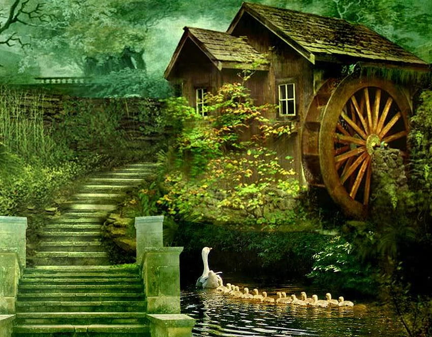 The Watermill, trees, stairs, water, mill HD wallpaper