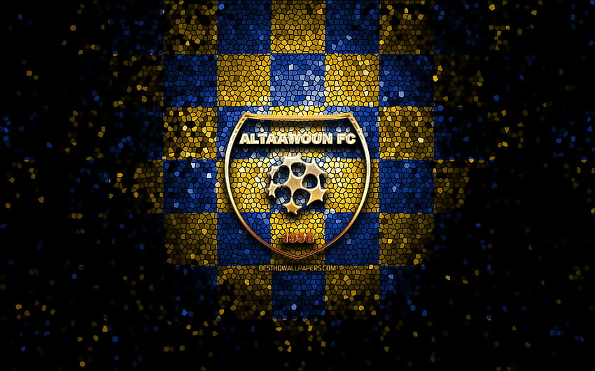 Al Taawoun FC, logo gemerlap, Liga Profesional Saudi, latar belakang kotak-kotak kuning biru, Al-Tawen, sepak bola, klub sepak bola saudi, logo Al Taawoun, seni mosaik, sepak bola, Al-Taawoun Wallpaper HD