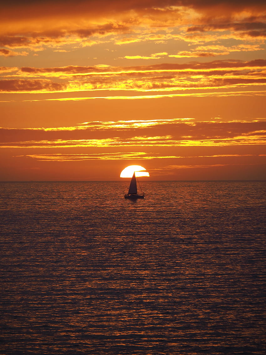 Sunset, Sea, Sun, Twilight, Waves, Dark, Dusk, Boat HD phone wallpaper