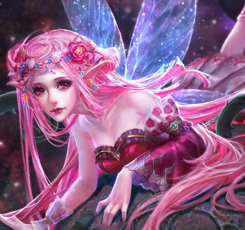 Pink Fairy, cute, long hair, faery, dress, lady, abstract, fantasy woman, female, wings, sweet, art, beautiful, pink hair, woman, fairy, pink, fantasy, pretty HD wallpaper