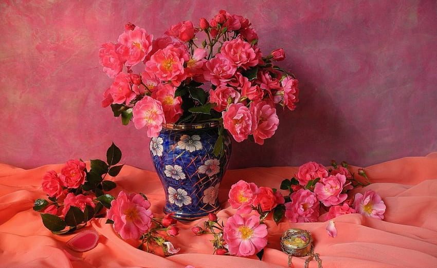 bukiet różowych róż, różowe róże, martwa natura, wazon, bukiet Tapeta HD