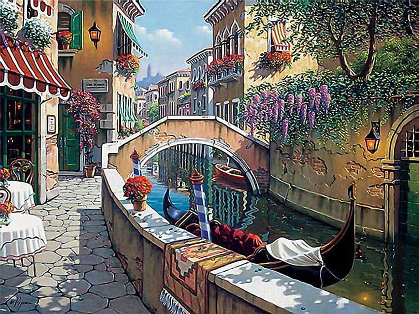 The Streets In Venice, bristos, stores, painting, art, boats, flowers, romantic HD wallpaper