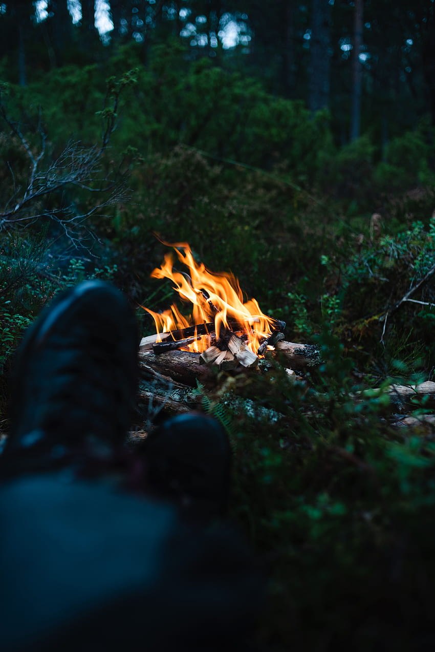Nature, Grass, Fire, Bonfire, Legs, Relaxation, Rest, Camping, Campsite HD phone wallpaper
