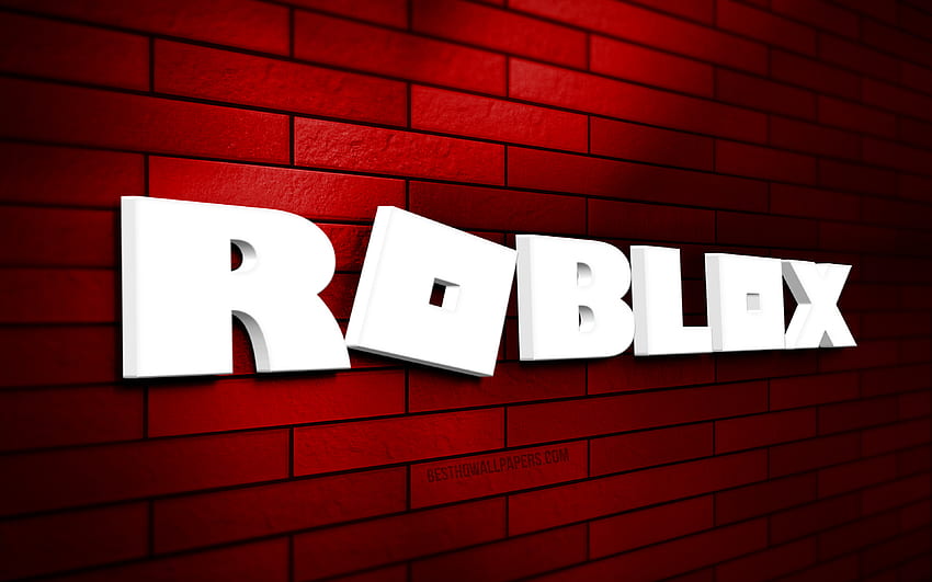 3D лого на Roblox, червена тухлена стена, творчески, онлайн игри, лого на Roblox, 3D изкуство, Roblox HD тапет