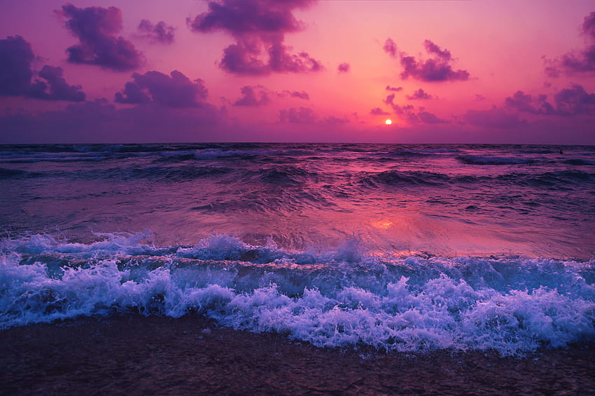 ธรรมชาติ พระอาทิตย์ตก ทะเล เมฆ ขอบฟ้า โฟม โต้คลื่น วอลล์เปเปอร์ HD