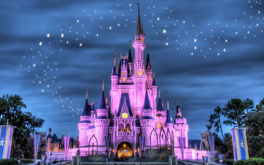 Disneyland, castle, night, lights, stars, purple style , Disneyland Castle Christmas HD wallpaper