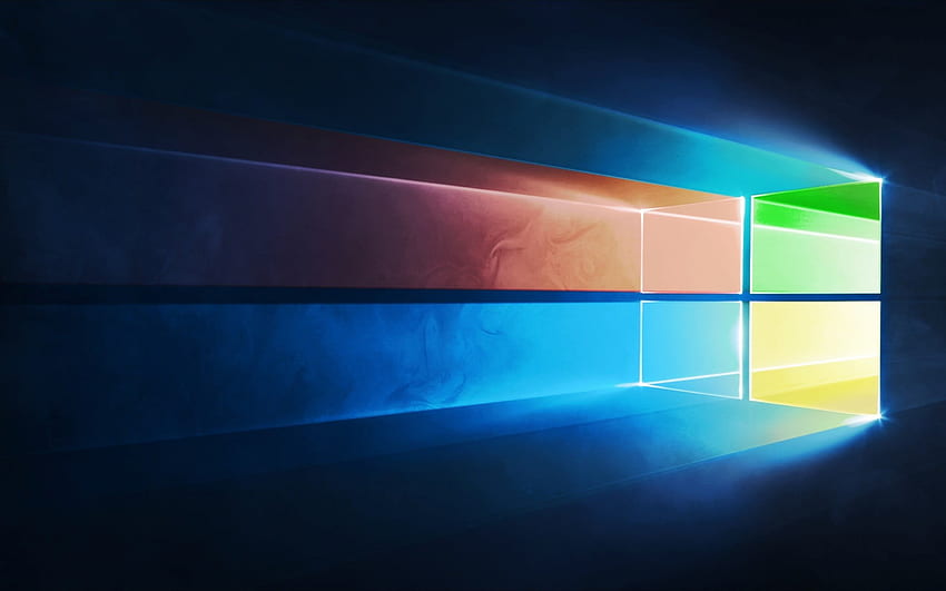 Windows 10, неонова светлина, син фон, лого на Windows, светещо лого на Windows, емблема на Windows, Windows HD тапет