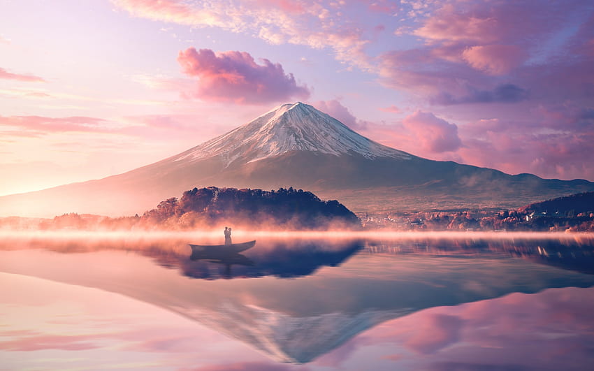 Mount Fuji , Volcano, Japan, River, Reflection, Boat, Couple, Nature, Mount Fuji Anime HD wallpaper