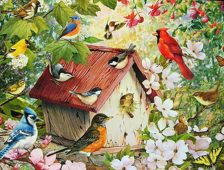 Ptaki śpiewające, piosenka, ptak, dom, plecy, ptaki, podwórko Tapeta HD