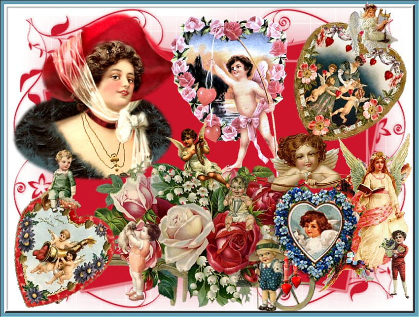 Victorian Valentine, valentine, lady, kids, hearts, flowers, victorian HD wallpaper