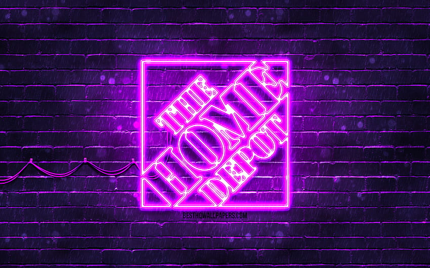 Logotipo violeta da Home Depot, parede de tijolos violeta, logotipo da Home Depot, marcas, logotipo neon da Home Depot, Home Depot papel de parede HD