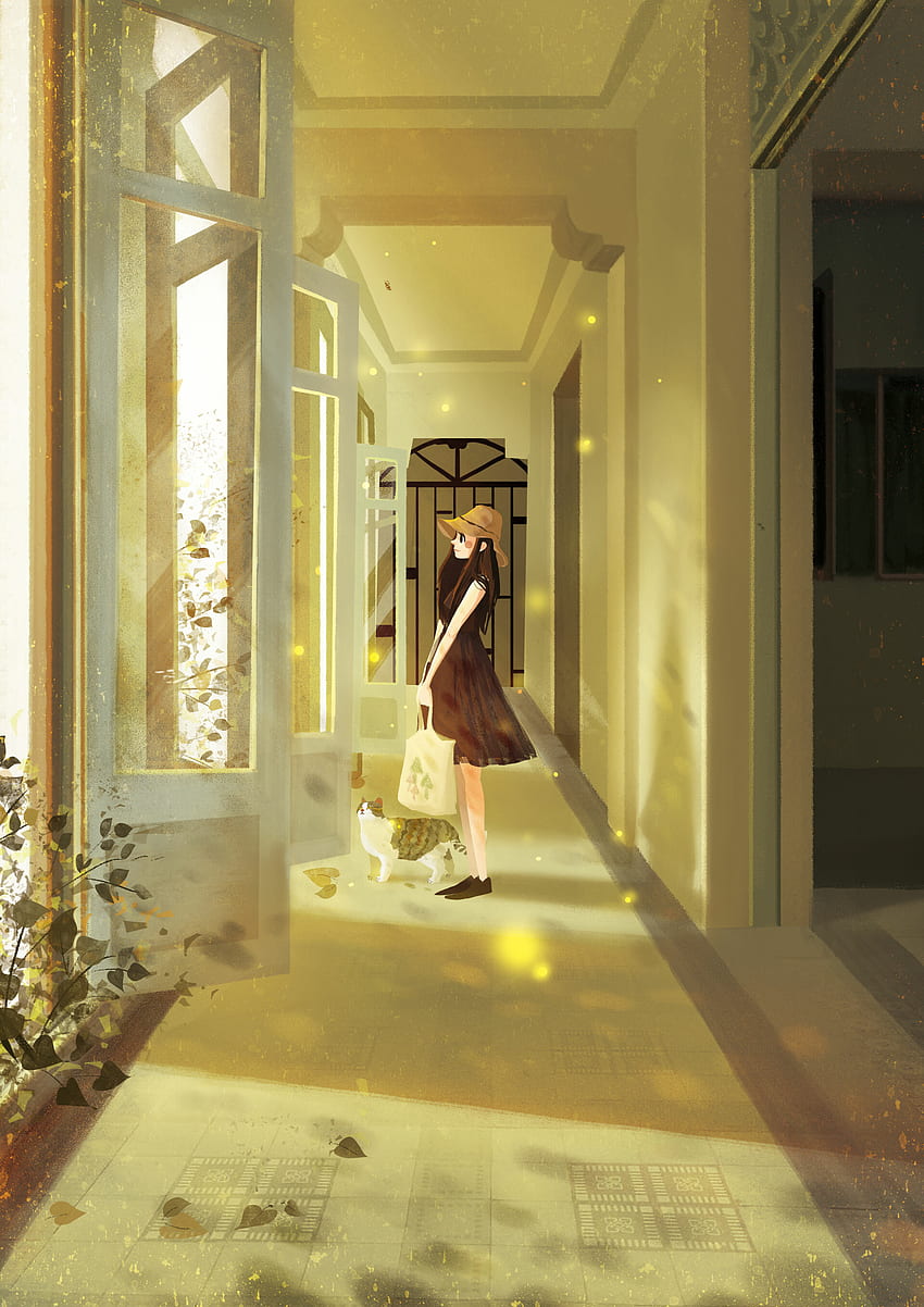 Art, Cat, Girl, Corridor, Door HD phone wallpaper