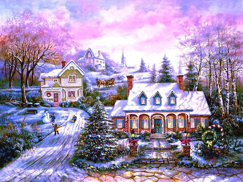 Campagna Inverno, opera d'arte, pittura, neve, natale, alberi, giardino, strada, case Sfondo HD