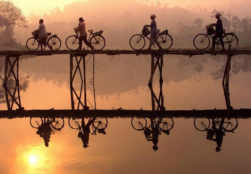 reflection, bridge, river, bicycle HD wallpaper