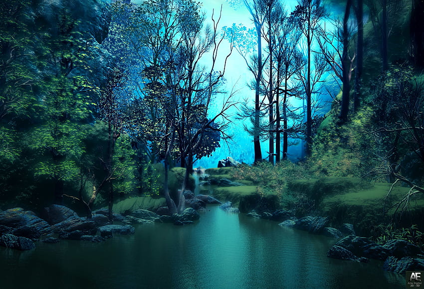 Arte, Agua, Árboles, Bosque, Estanque fondo de pantalla