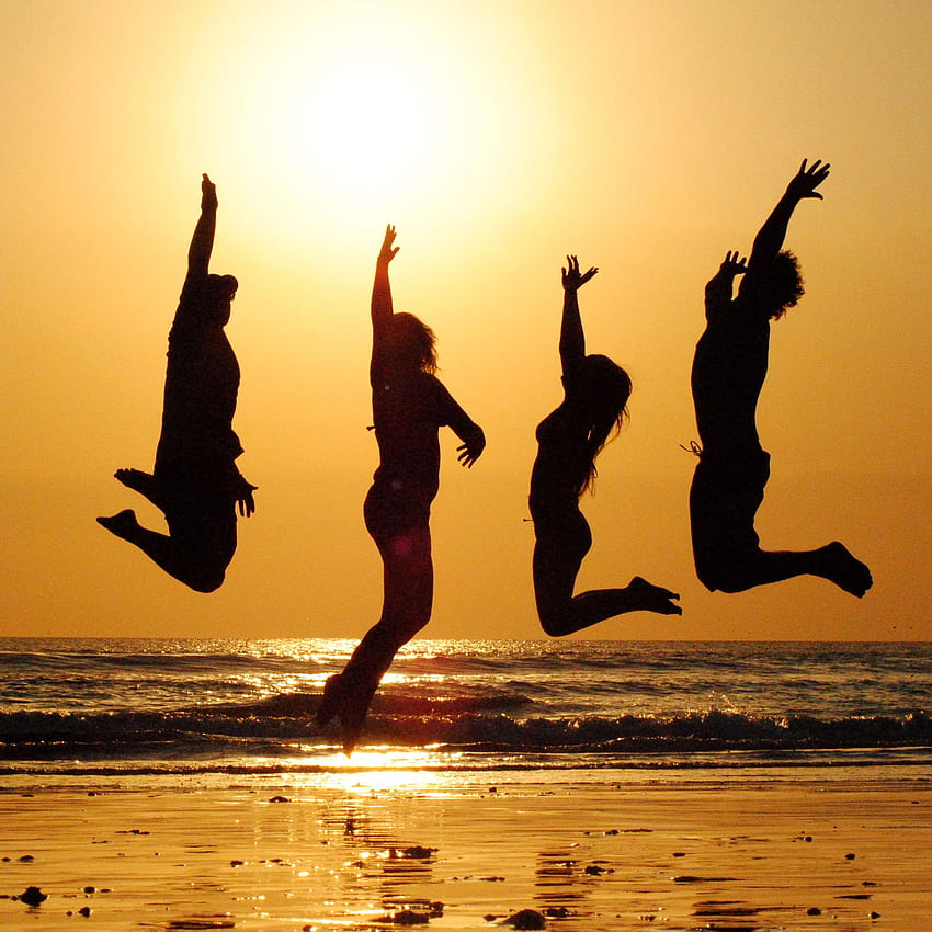 beach, celebration, friends, group, happiness, joy, jump, ocean, people, silhouette, sun, sunset, together, vacation . Cool HD phone wallpaper