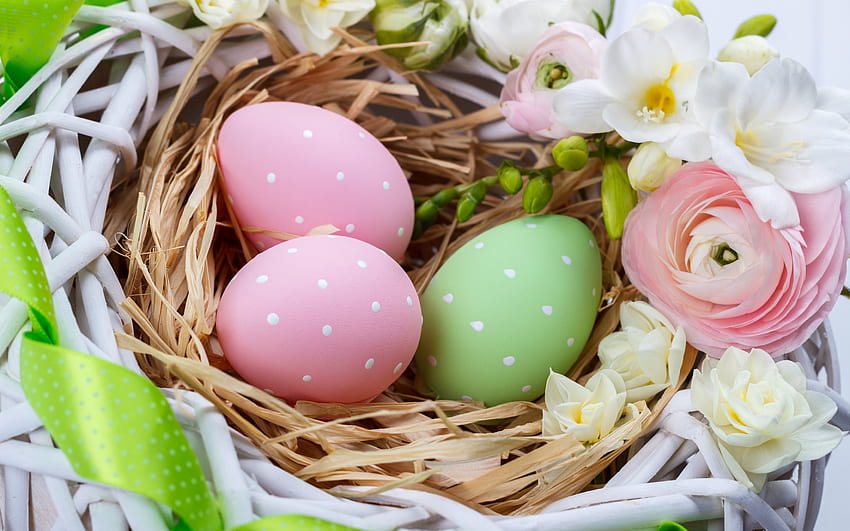 Happy Easter!, pastel, egg, pasti, basket, pink, ranunculus, flower, green, easter HD wallpaper