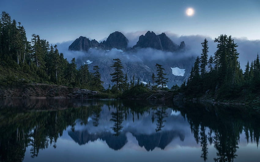 Triple Peak, Vancouver Island, British Columbia, reflections, evening, moon, trees, canada, water HD wallpaper