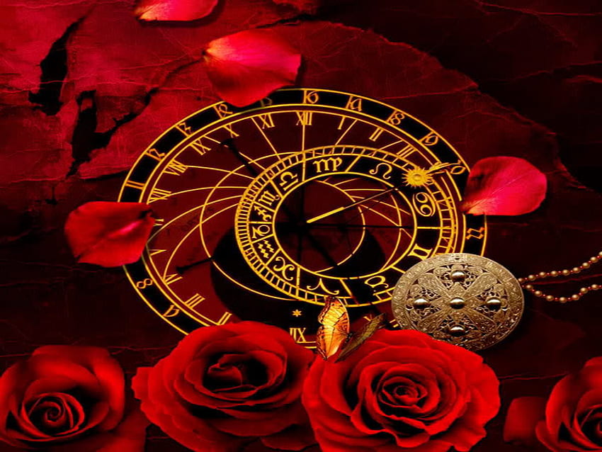 zodiac, astrology, roses, red HD wallpaper