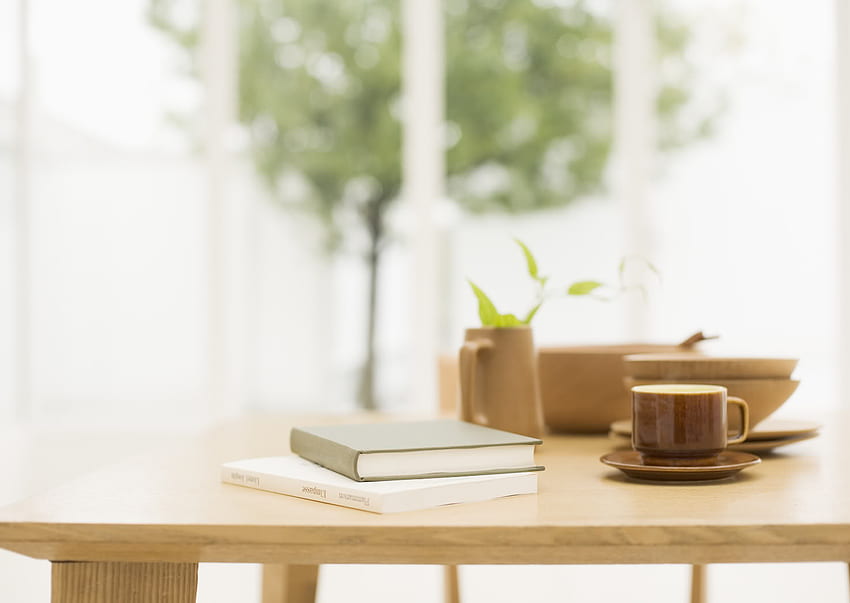 Desk, mug, book, window, peaceful HD wallpaper