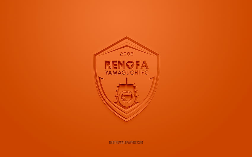 Renofa Yamaguchi、クリエイティブな 3D ロゴ、オレンジ色の背景、J2 リーグ、3 d エンブレム、日本サッカー クラブ、山口県、日本、3 d アート、サッカー、Renofa 山口 3 d ロゴ 高画質の壁紙