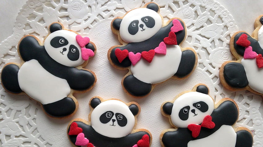 Panda And Love, White, Cookies, Panda, Red, Heart, Black, Pink, Love HD wallpaper