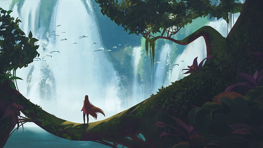 lake waterfall birds trees fantasy art / and Mobile Background, Fantasy Illustration HD wallpaper