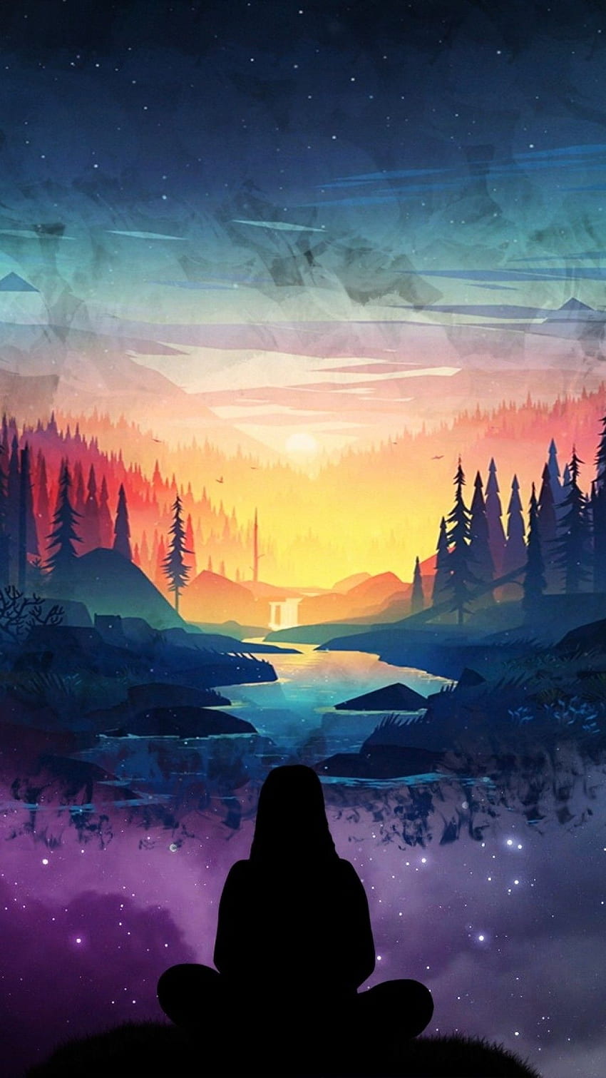 rivière, fille, silhouette, forêt, scénique, étoiles, deux dimensions, anime Fond d'écran de téléphone HD