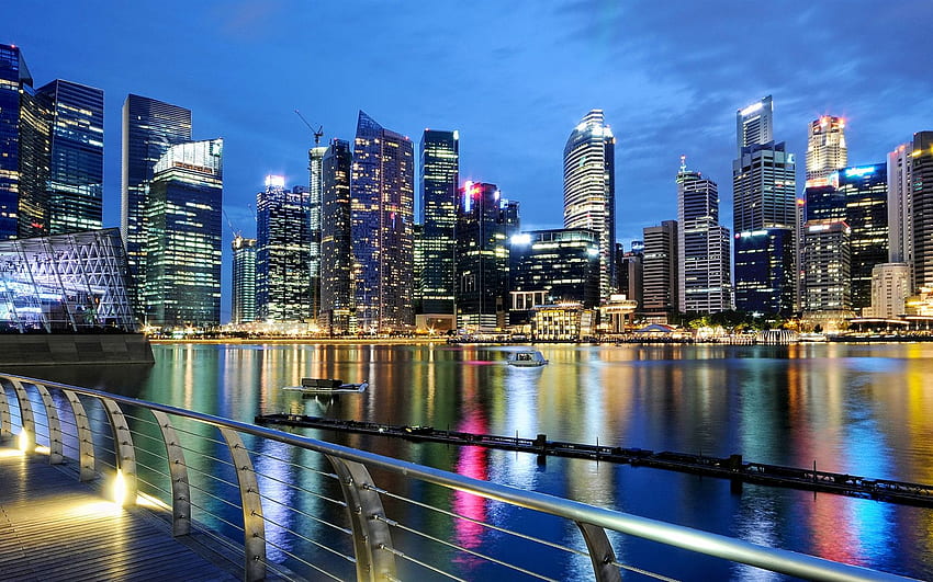 Singapore, city, evening, dusk, lights, buildings, water, Tallahassee ...