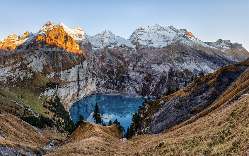 Oeschinensee, mountain lake, sunset, spring, glacial lake, mountain landscape, Alps, Kandersteg, Switzerland for with resolution . High Quality HD wallpaper