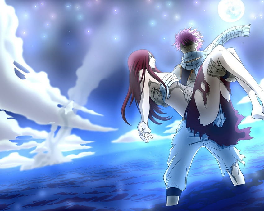 Natsu and Erza, sea, fairy tail, red hair, stars, pink hair, natsu, carrying, erza, angry, sky, firefiles, ocean HD wallpaper