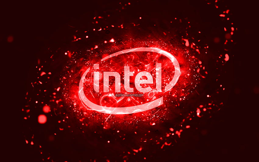 インテルの赤いロゴ、赤いネオン、クリエイティブ、赤の抽象的な背景、インテルのロゴ、ブランド、インテル 高画質の壁紙