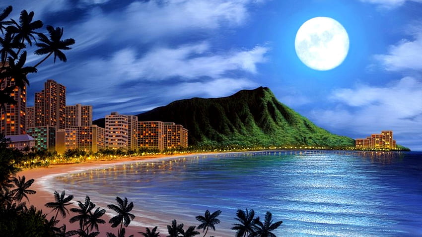 Pics awesome beach buildings night sea moon nice quality background HD  wallpaper | Pxfuel