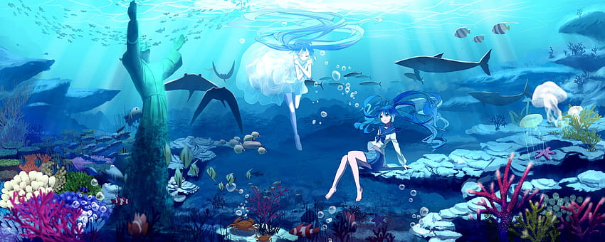Dual-Monitor Hatsune Miku, Hintergrund, Unterwasser-Dual-schirm HD-Hintergrundbild