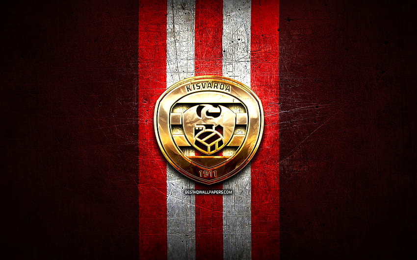Kisvarda FC, logotipo dorado, OTP Bank Liga, de metal rojo, fútbol, ​​club de fútbol húngaro, logotipo de Kisvarda FC, Hungría fondo de pantalla