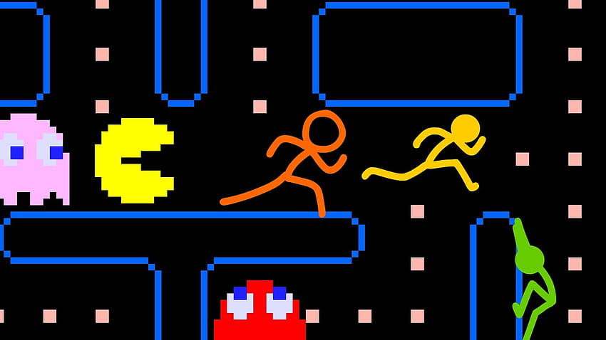 Des bâtons animés poursuivent un Q * Bert envahissant à l'intérieur d'un jeu d'arcade classique Pac Man, Alan Becker Fond d'écran HD
