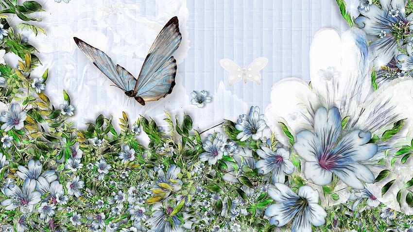 Flowers Blue and Butterfly, blue, garden, papillon, soft, spring, summer, butterfly, flowers, fleurs HD wallpaper