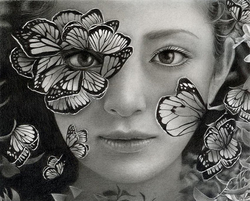 Metamorphosis, leaves, butterfly, black and white, eyes, girl HD wallpaper