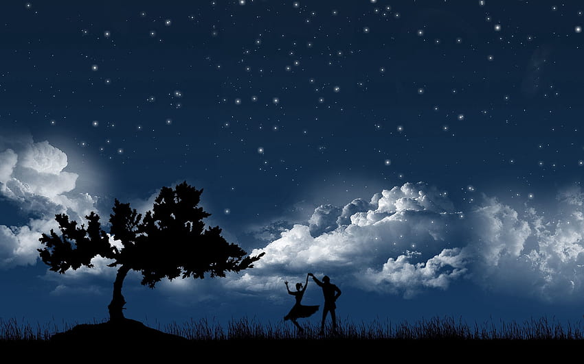 Niebo, gwiazdy, noc, chmury, taniec, wektor, drewno, para, para, drzewo, sylwetki Tapeta HD