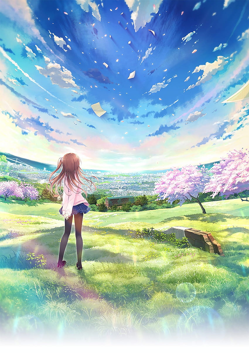 anime girl beautiful landscape sky blue cherry blossom, Kawaii Nature HD phone wallpaper