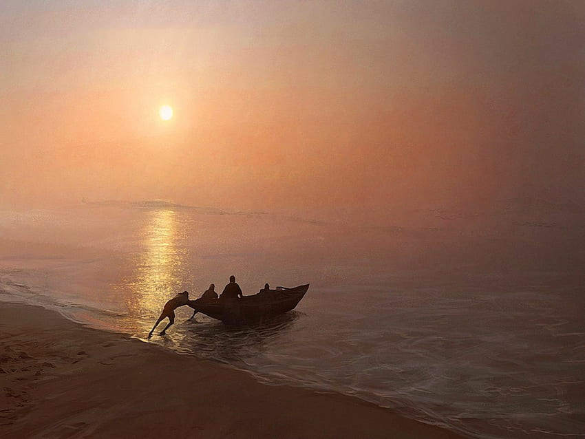 Unknown Shores, paysage, bateau, océan, coucher de soleil Fond d'écran HD