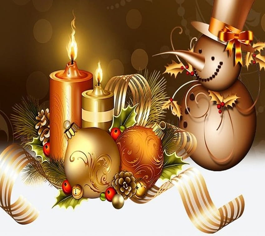 Весела Коледа, две, шишарки, панделки, снежен човек, празник, коледа, коледни топки, светлини, декорации, орнамент, свещи HD тапет