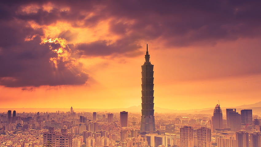 Cities, Sky, Clouds, Building, Tower, China, Taiwan, Taipei, Lights Of A Sun, Rays Of The Sun, Prc HD wallpaper