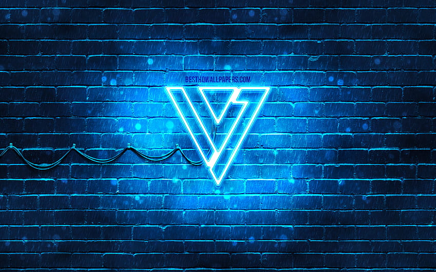 Seventeen logo biru, , K-pop, bintang musik, brickwall biru, logo Seventeen, merek, K-Pop Boy Band, logo Seventeen neon, Seventeen Wallpaper HD