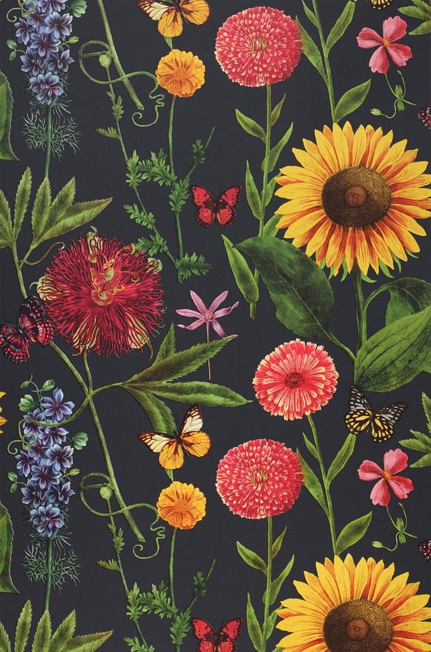 Filomena (Schwarzgrau, Gelb, Grün, Rosa, Rot, Violettblau). von, Blau und Gelb mit Blumen HD-Handy-Hintergrundbild