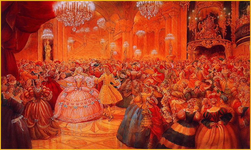 Cinderella, illustration, orange, kinuko y craft, art, dance, people, tale, fantasy, ball, red HD wallpaper