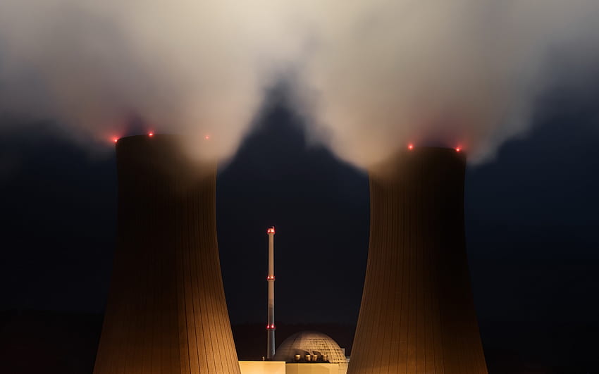 nuclear power plant, night, smoke from chimneys, nuclear power, electricity generation, energy concepts HD wallpaper