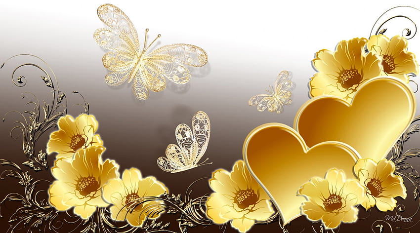 Golden Romance, butterflies, Valentines Day, shine, swrils, hearts, flowers, gold HD wallpaper