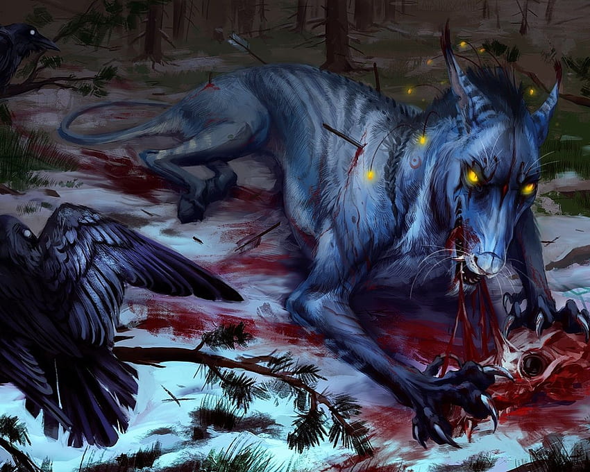 Wolf and crow, blood, art painting Full HD wallpaper