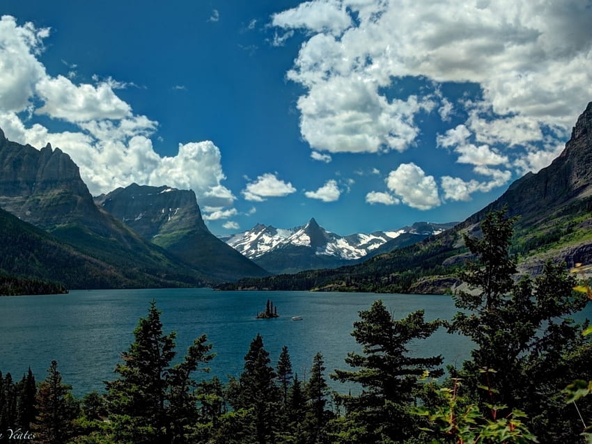 Saint Mary Lake, montana, góry skaliste, jezioro, lodowiec, święty, chmury, drzewa, natura, mary Tapeta HD